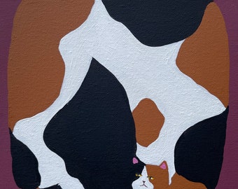 May include: A black, brown, and white abstract painting of a cat. The cat is curled up in a ball with its tail wrapped around its body. The cat's eyes are closed and it appears to be sleeping.