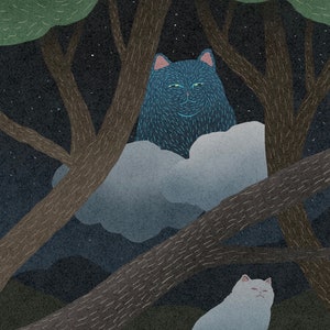 May include: A blue cat sitting on a cloud in a forest with a white cat sitting on a branch below.