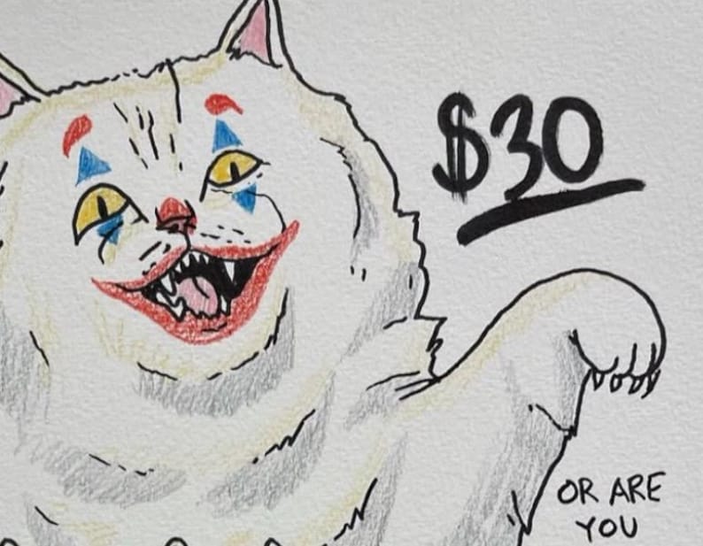 May include: A hand-drawn illustration of a white cat with clown makeup, including red lips, blue triangles, and yellow eyes. The text "$30" is above the cat, and "OR ARE YOU" is below.
