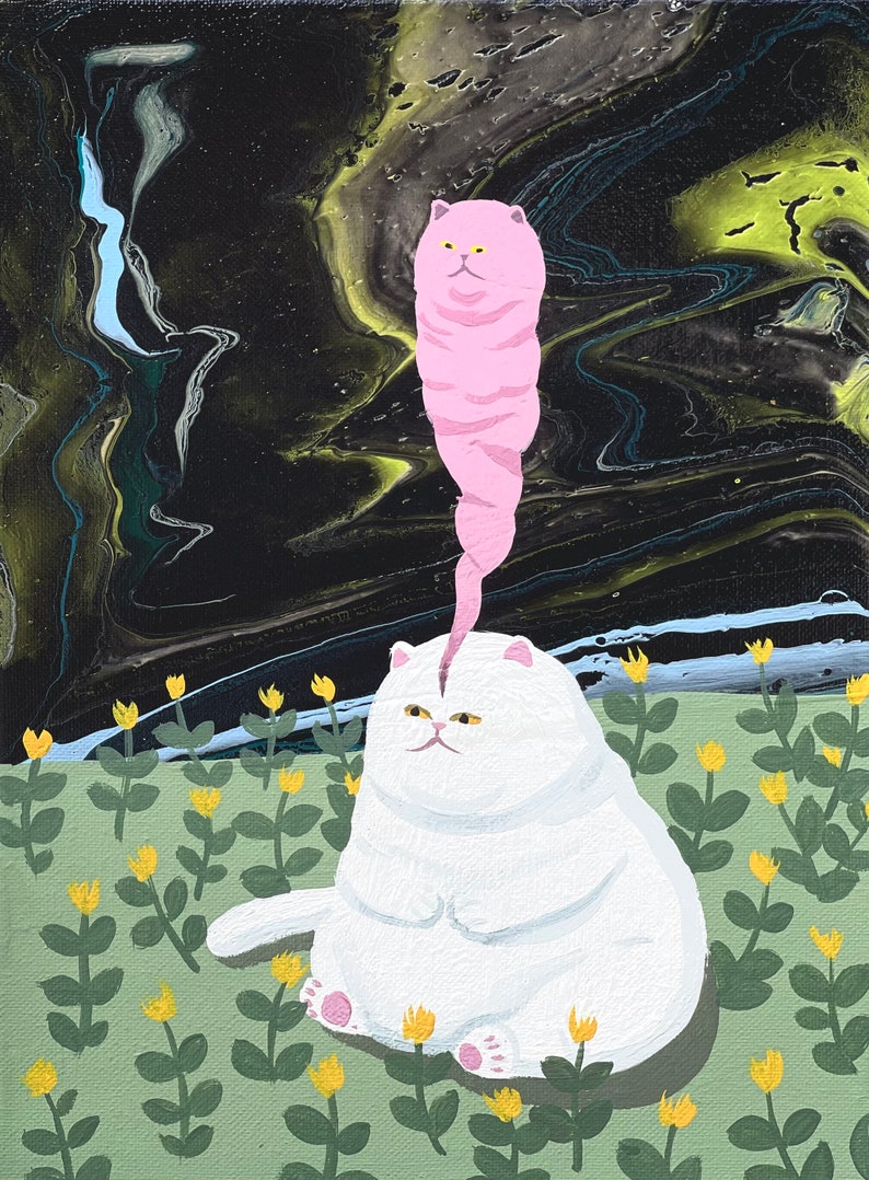 May include: A white cat with pink paws sits in a field of yellow flowers. A pink cat with yellow eyes floats above the white cat.