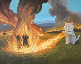 May include: An acrylic painting depicts a gray cat with orange flames emanating from its paws, facing a large fire. Two figures are engulfed in flames, and a horse and rider are in the background. The sky is blue with smoke.