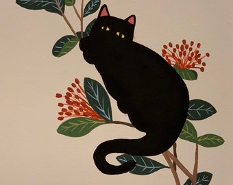 May include: A black cat with yellow eyes sits on a branch of a plant with red flowers and green leaves.