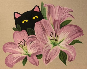 May include: A black cat peeks out from behind a bouquet of pink lilies. The cat has yellow eyes and is partially hidden by the flowers.