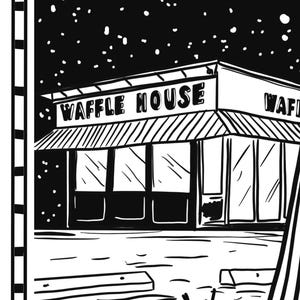K&ouml;nnte beinhalten: Schwarz-Wei&szlig;-Illustration eines Waffle House-Restaurants unter einem Sternenhimmel. Das Schild des Restaurants lautet "WAFFLE HOUSE". Das Bild ist im einfachen, grafischen Stil gehalten.