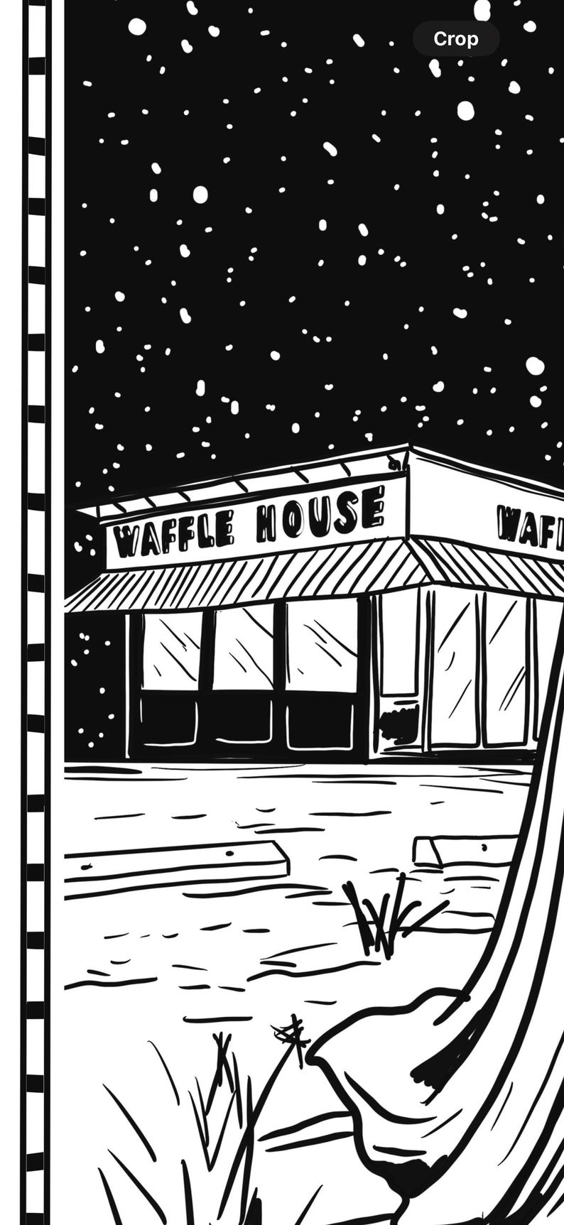 K&ouml;nnte beinhalten: Schwarz-Wei&szlig;-Illustration eines Waffle House-Restaurants unter einem Sternenhimmel. Das Schild des Restaurants lautet "WAFFLE HOUSE". Das Bild ist im einfachen, grafischen Stil gehalten.