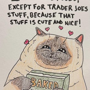 May include: A hand-drawn illustration shows a smiling cat holding a box of "Baked Cheddar Whispers." The text above reads, "I completely cut out all processed foods, except for Trader Joe's stuff, because that stuff is cute and nice!" with hearts.