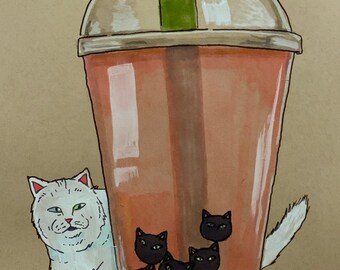 May include: A white cat with green eyes peeks out from behind a large plastic cup filled with a brown liquid and black cat-shaped boba pearls. The cup has a green straw and a clear lid.