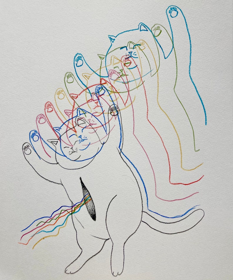 May include: A line drawing of a white cat with a rainbow coming out of its stomach. The cat is drawn in multiple colors, creating a layered effect.