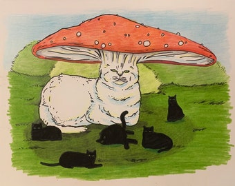 Op de afbeelding: Een witte kat met een grote rode en witte paddenstoel op zijn kop. De kat wordt omringd door vier zwarte katten.