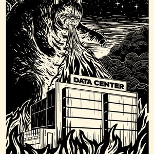 May include: Black and white illustration of a giant cat destroying a data center. The cat is spewing a stream of fire, with the words "DATA CENTER" on the building. The background shows a starry night sky and flames.