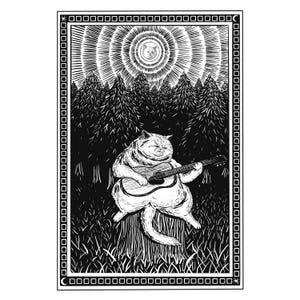 May include: A black and white illustration of a cat playing a guitar in a forest. The cat is sitting on a tree stump and has a large, round belly. The moon is visible in the sky above the trees.