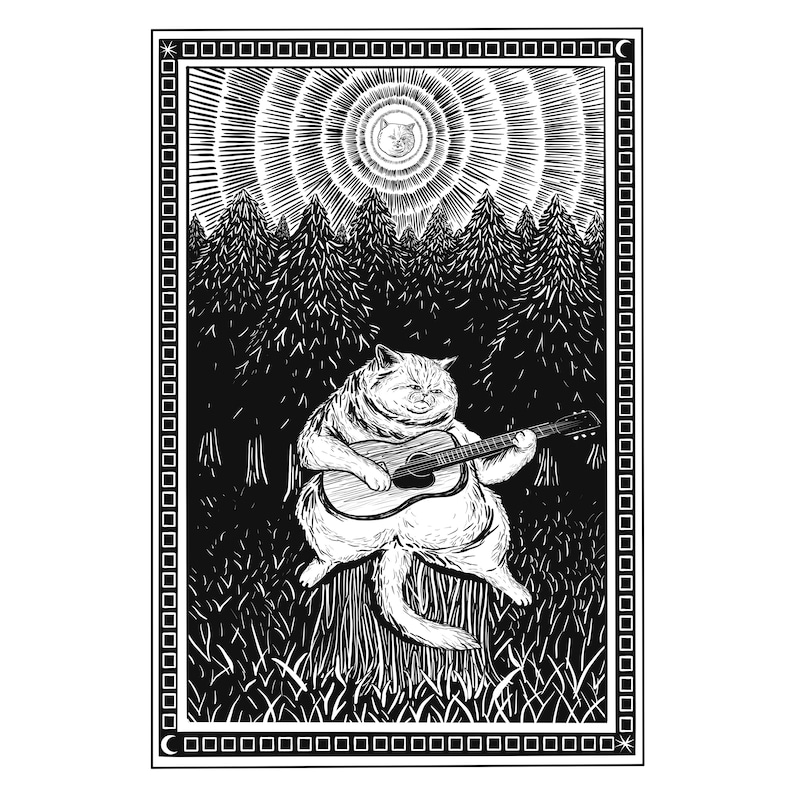 May include: A black and white illustration of a cat playing a guitar in a forest. The cat is sitting on a tree stump and has a large, round belly. The moon is visible in the sky above the trees.