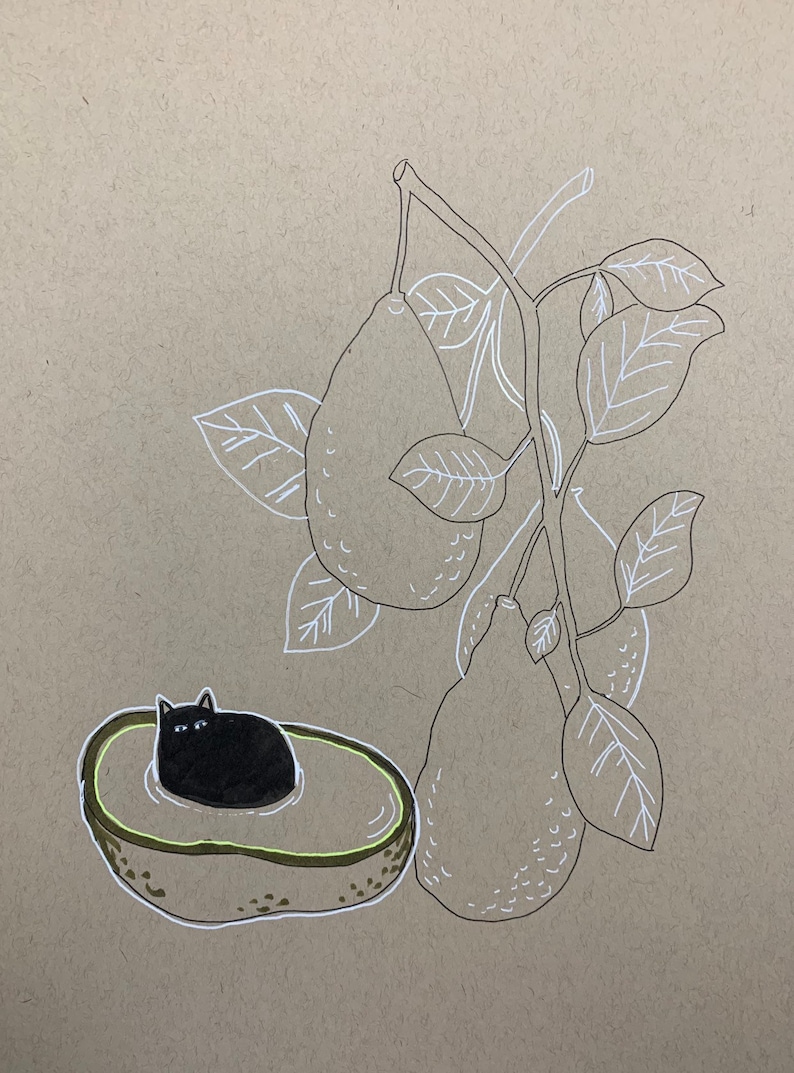 May include: A black cat sits inside a halved avocado, with the avocado pit still inside. The avocado is on a brown background, with a white outline drawing of an avocado tree with three avocados.