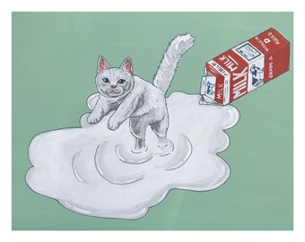 May include: A white cat stands in a puddle of spilled milk. The milk carton is red and white with the word "MILK" printed on it. The background is a light green color.