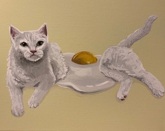 May include: A white cat with a yellow yolk in the center of its back, resembling a fried egg.