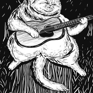 May include: A black and white illustration of a large cat playing an acoustic guitar. The cat is sitting on a tree stump and has a serious expression on its face.