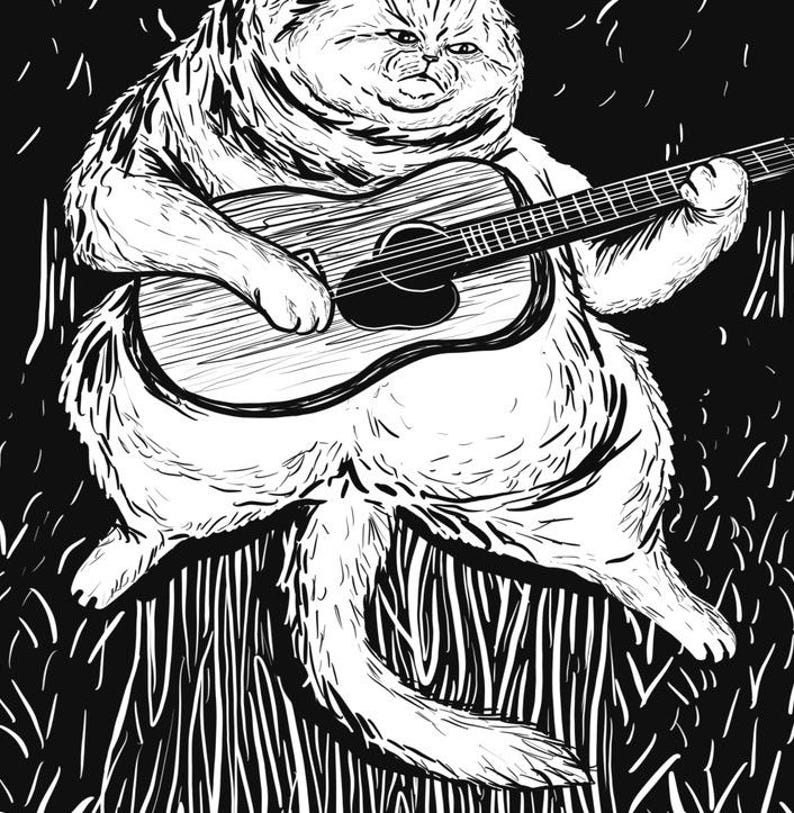 May include: A black and white illustration of a large cat playing an acoustic guitar. The cat is sitting on a tree stump and has a serious expression on its face.