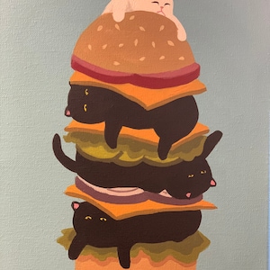 May include: A stack of four cats, each lying on top of a different layer of a burger. The top cat is white and the other three are black. The burger has lettuce, tomato, cheese, and onion.