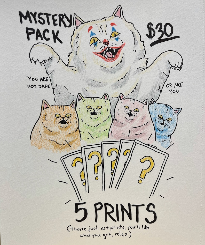 May include: A hand-drawn illustration of a "Mystery Pack" featuring a large, clown-faced cat and five smaller, colorful cat portraits. The text includes "5 PRINTS" and "$30". Additional text reads "You are not safe" and "Or are you".