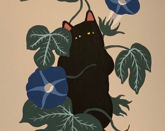 May include: A black cat with yellow eyes is peeking out from behind a green leafy vine with blue morning glory flowers.