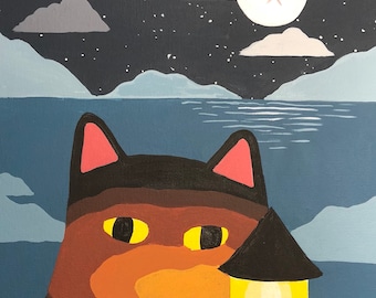 Puede incluir: Un gato negro con ojos amarillos sostiene un faro con una luz amarilla. El gato está de pie sobre una base a rayas azules y blancas. El fondo es un cielo nocturno azul oscuro con nubes blancas y estrellas. Un gato blanco con ojos amarillos está en la esquina superior derecha de la imagen.