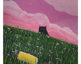 Könnte beinhalten: Eine schwarze Katze sitzt in einem Feld mit grünem Gras und lila Blumen. Ein gelber Feuerzeug liegt im Vordergrund auf dem Boden. Der Himmel ist rosa mit weißen Wolken.