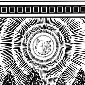 May include: Black and white illustration of a cat's face with a radiating sunburst pattern behind it. The cat has a serious expression and is surrounded by a circle of radiating lines.