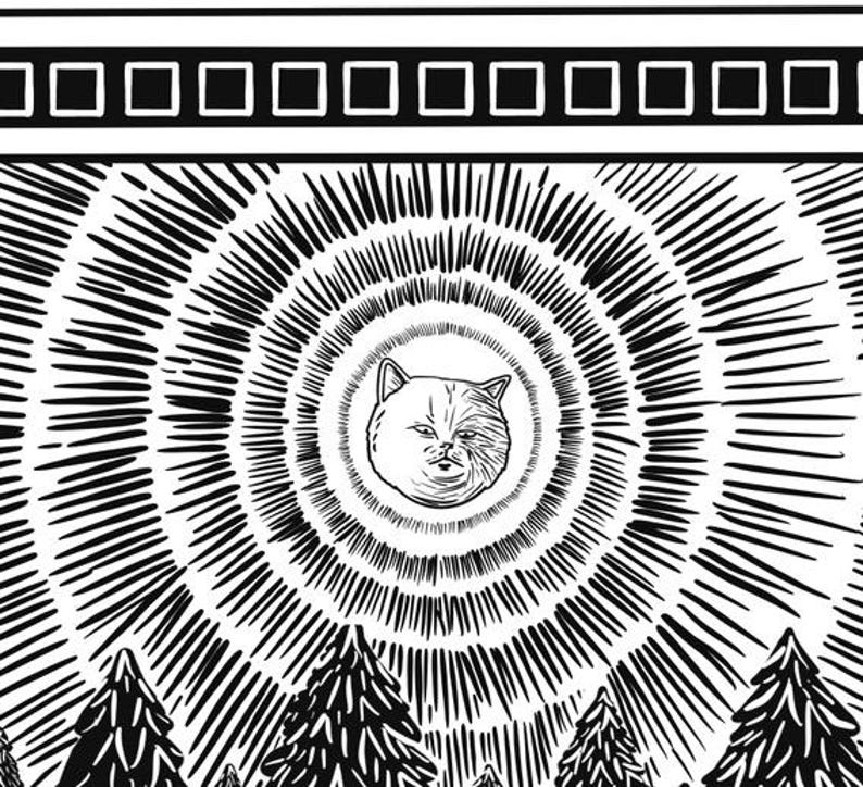May include: Black and white illustration of a cat's face with a radiating sunburst pattern behind it. The cat has a serious expression and is surrounded by a circle of radiating lines.