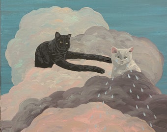 May include: A black cat and a white cat are sitting on a cloud. The black cat is looking to the right and the white cat is looking down. The white cat is crying and blue raindrops are falling from the cloud.