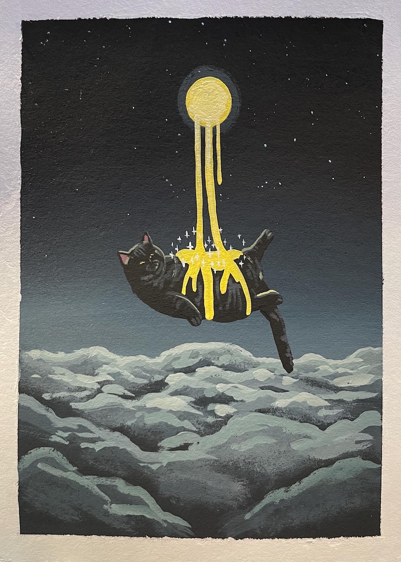 May include: A black cat floats in a starry night sky, bathed in a stream of yellow light pouring from a glowing moon above. The cat appears to be relaxed and content, with its eyes closed. The scene is painted in a whimsical style, with a sense of wonder and magic.