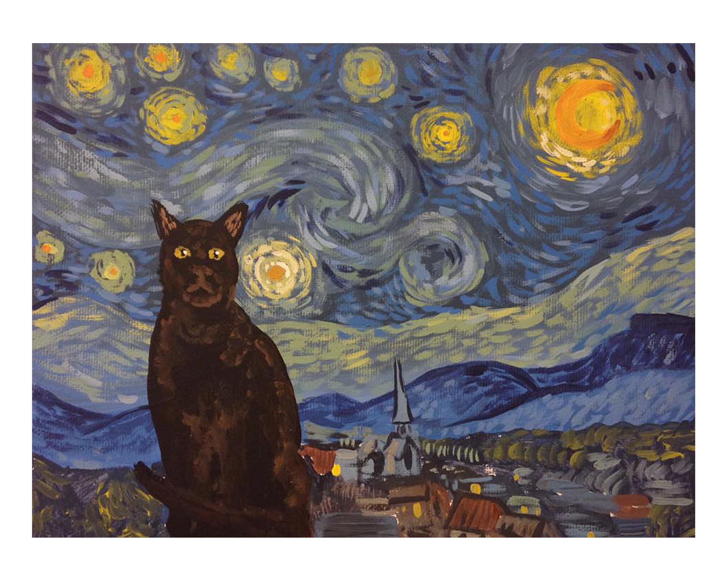 特別価格❗️ゴッホ風背景シリーズ　手作り額付き作品「新星ニャンコ」 ゴッホの名画「星月夜」がレゴに 価格は2万円超、再現ぶりに