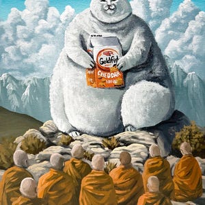 May include: An oil painting depicts a large, white cat holding a bag of Goldfish Cheddar crackers. The cat is seated on a rocky outcrop, with a group of monks in orange robes seated below. The background features mountains and a blue sky with clouds.
