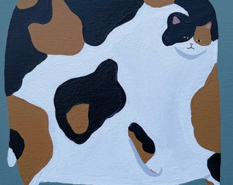 May include: A painting of a calico cat with brown, black, and white markings. The cat is curled up in a ball, with its head resting on its paws. The background is a light blue color.