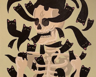 May include: A skeletal figure with a skull head is adorned with a multitude of black cats. The cats are arranged in a whimsical pattern, some with their tails intertwined with the skeleton's bones. The background is a light green color.