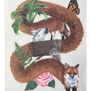 May include: A painting of a fox's tail curled around a wolf, a rabbit, a rose, a fern, and a plant. The fox's tail is brown and the wolf's fur is white. The rabbit is brown and white. The rose is pink. The fern is green. The plant is green.