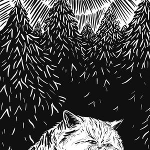 May include: A black and white illustration of a cat with a grumpy expression sitting in front of a forest background. The cat is looking directly at the viewer.