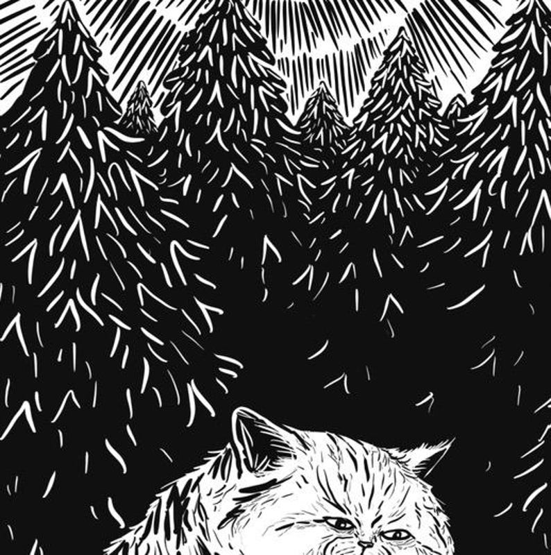 May include: A black and white illustration of a cat with a grumpy expression sitting in front of a forest background. The cat is looking directly at the viewer.