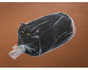May include: A black cat is wrapped in clear plastic, resembling a loaf of bread. The cat's eyes are visible through the plastic.