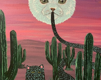 May include: A painting of a white cat head with a long black tail that snakes through a desert landscape with green cacti. The cat's eyes are green and the tail is textured with black and white markings.