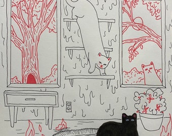 May include: A hand-drawn illustration of a room with two windows, a cat on a shelf, a cat on a rug, and a potted plant. The walls are covered in red dripping paint and the windows show red trees. The room has a red rug, a red fire, and a red flag that says "HELL".