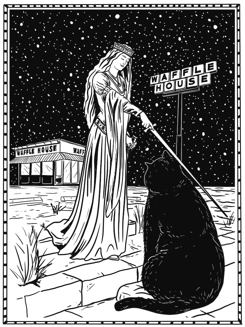 K&ouml;nnte beinhalten: Schwarz-Wei&szlig;-Illustration einer Frau in einem langen Kleid und Krone, die ein Schwert h&auml;lt und einer gro&szlig;en schwarzen Katze gegen&uuml;bersteht. Ein Waffle House-Schild und -Geb&auml;ude befinden sich im Hintergrund unter einem Sternenhimmel.