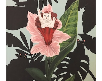 May include: A white cat with yellow eyes is nestled inside a pink flower with a red center. The flower is surrounded by dark green and black leaves. The background is a light blue color.