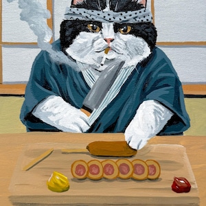 May include: A humorous painting of a black and white cat in a headband and blue kimono, holding a knife and cigarette. The cat is preparing food on a wooden board with mustard and sauce. The food is sliced into circular pieces.