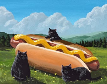 May include: A whimsical painting depicts three black cats in a grassy field with a giant hot dog. One cat sits atop the hot dog, another sits in front, and the third rests nearby. The hot dog is topped with yellow mustard.