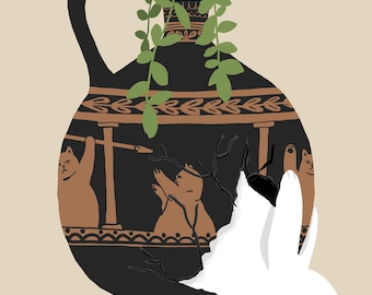May include: A black and brown ceramic vase with a white cat hanging upside down out of a crack in the side. The vase has a design of two brown cats and a bear on it. There are green plants growing out of the top of the vase.