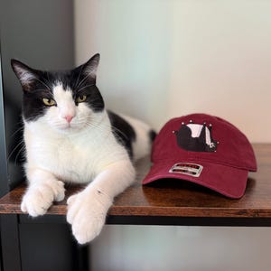 May include: A black and white cat with yellow eyes lounges next to a maroon baseball cap. The cap features a black and white skunk graphic. The cat is lying on a wooden surface.