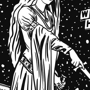 K&ouml;nnte beinhalten: Schwarz-Wei&szlig;-Illustration einer Frau in mittelalterlichem Kleid und Krone, die mit einem Schwert zeigt. Der Hintergrund ist eine sternenklare Nacht. Das Bild hat einen Comic-Stil.