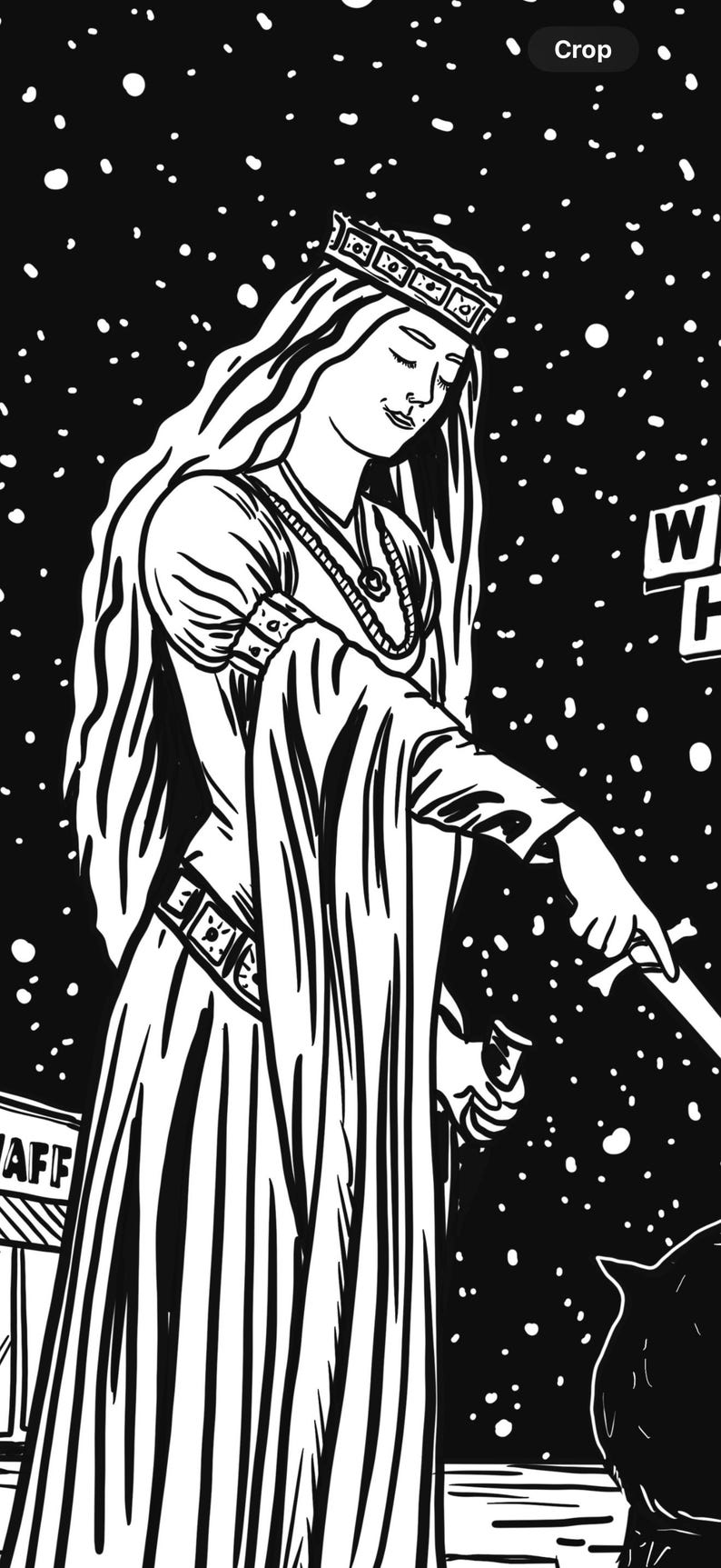 K&ouml;nnte beinhalten: Schwarz-Wei&szlig;-Illustration einer Frau in mittelalterlichem Kleid und Krone, die mit einem Schwert zeigt. Der Hintergrund ist eine sternenklare Nacht. Das Bild hat einen Comic-Stil.