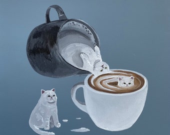 May include: A white ceramic coffee mug with a swirling brown liquid inside. A white cat is partially submerged in the liquid. A black pitcher with a white cat inside is pouring the liquid into the mug.