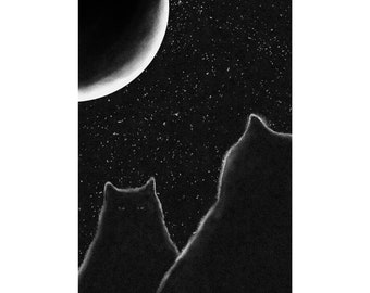 May include: Two black cats silhouetted against a starry night sky with a crescent moon in the upper left corner.